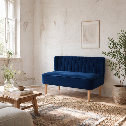 Haleco Dark Blue Fabric 2 Seater Love Sofa Panel Tufted Back Natural Wooden Legs
