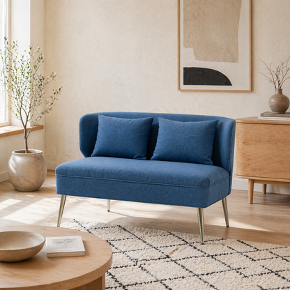 Taco Linen Look Dark Blue 2 Seater Sofa With Wingback Design And Metal Legs