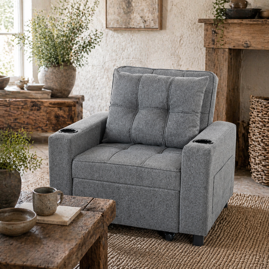 Soliri Grey Upholstered 3 In One Convertible Single Sofa Bed Tufted Cushion