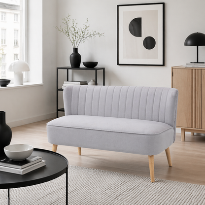 Haleco Light Grey Fabric 2 Seater Love Sofa Panel Tufted Back Natural Wooden Legs