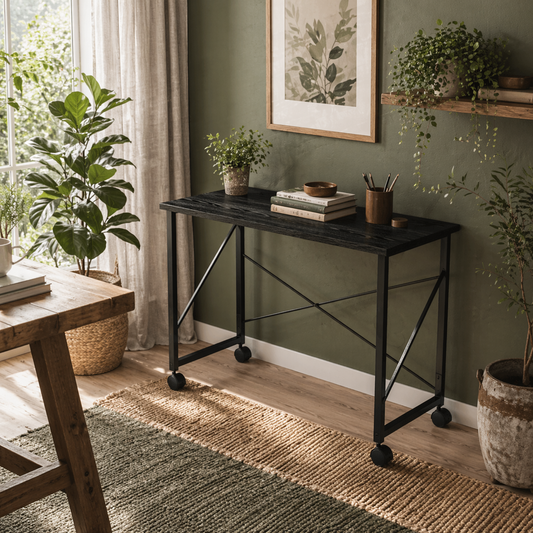 Ziyozi 80cm Metal and Wood Black Folding Desk On Lockable Wheels