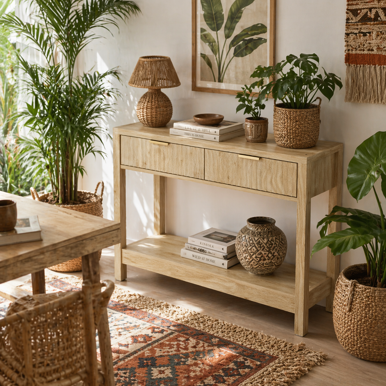 Kesoyo 90cm Wooden Natural Fluted Drawer Console Table With Lower Shelf