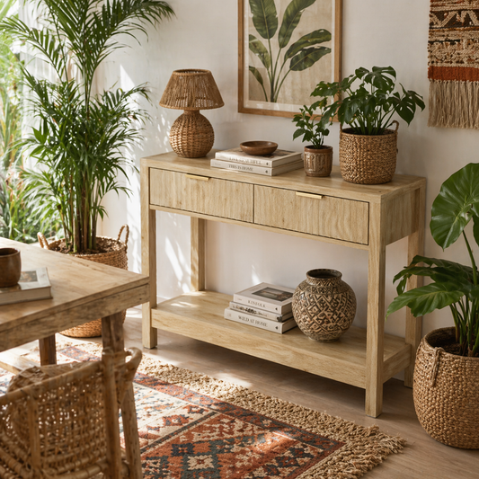 Kesoyo 90cm Wooden Natural Fluted Drawer Console Table With Lower Shelf