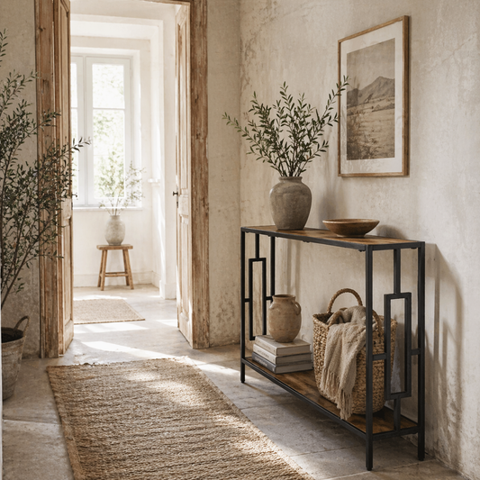 Sanero 106cm Metal And Wooden Rustic Brown Narrow Industrial Console Table With Storage Shelf