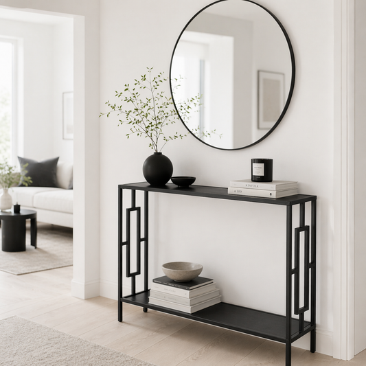 Comi 106cm Metal And Wooden Grey And Black Narrow Industrial Console Table With Bottom Shelf