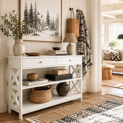 Ralupa 100cm Wooden White X Frame Console Table With Drawers And Open Shelving