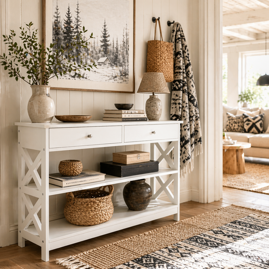 Ralupa 100cm Wooden White X Frame Console Table With Drawers And Open Shelving