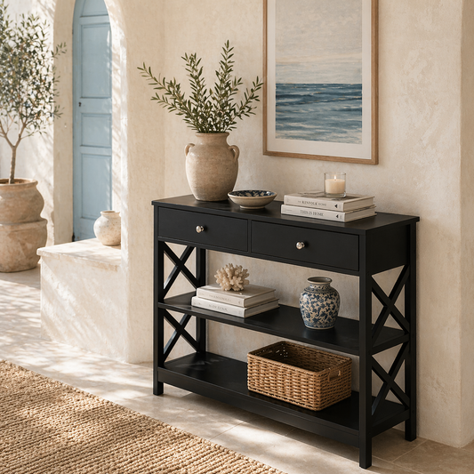 Kafa 100cm Wooden Black X Frame Console Table With Drawers And 2 Shelves