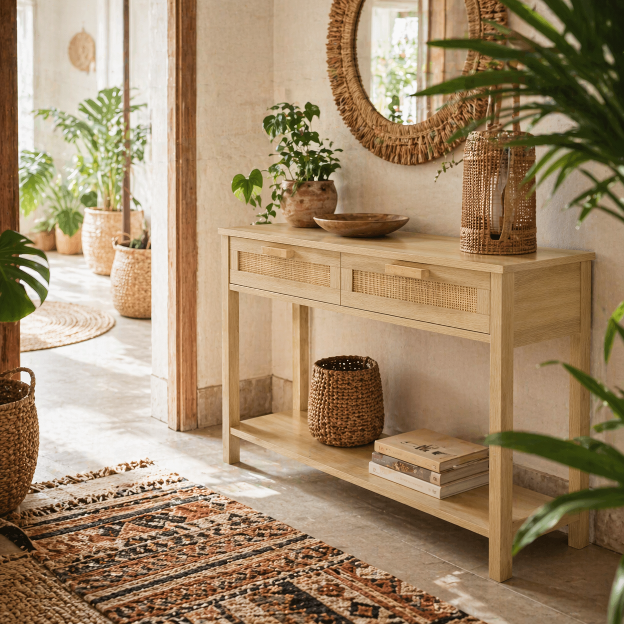 Sedi 100cm Wooden Natural Console Table 2 Drawers And Bottom Shelf