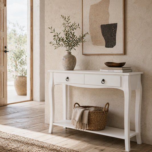 Noro 100cm Wooden Ivory White Mid Century Console Table 2 Drawer And Shelf