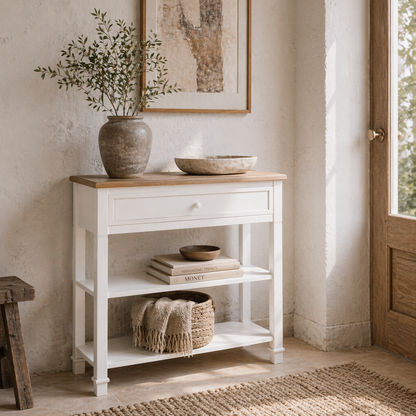 Sacoso Wooden Natural Retro  Hallway Console Table With Drawer And Dual Shelves