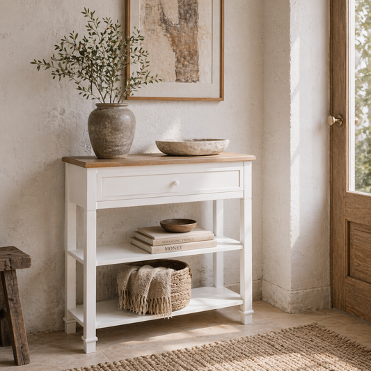 Sacoso Wooden Natural Retro  Hallway Console Table With Drawer And Dual Shelves