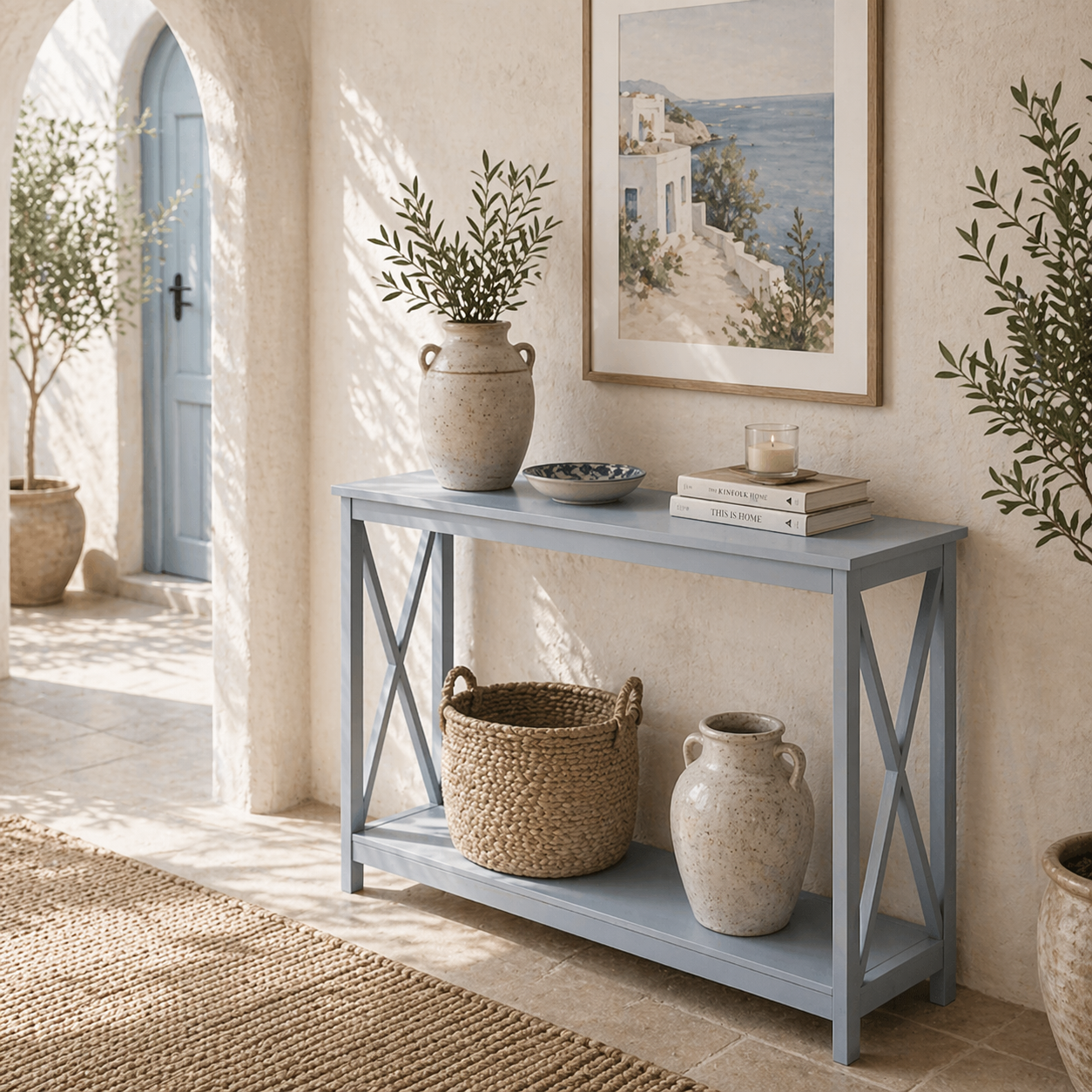 Reluba Wooden Grey X Frame Console Table With Bottom Shelf For Hallway