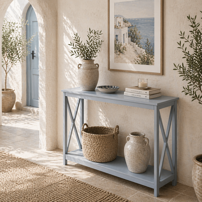 Reluba Wooden Grey X Frame Console Table With Bottom Shelf For Hallway