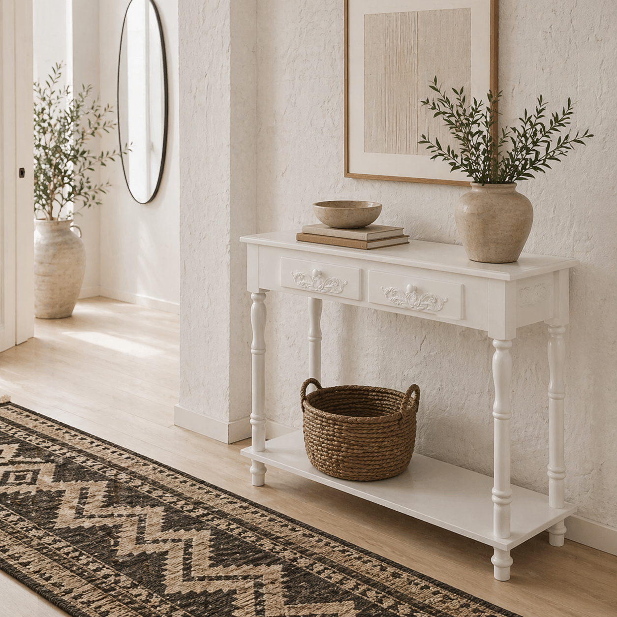 Relo Wooden White French Console Table With Drawers And Bottom Shelf
