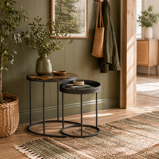 Renovi Set Of 2 Metal And Wood Brown And Black Industrial Nesting Tables