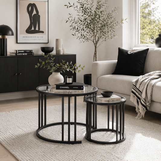 Kane Set of 2 Metal And Glass Black Round Nesting Tables With Steel Frame