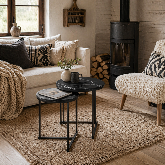 Tolira Set Of 2 Wooden Black Marble Effect Nesting Tables