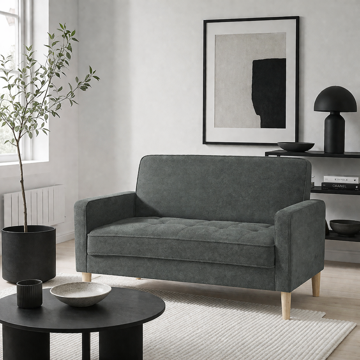 Pafa Dark Grey Velvet  Upholstered 2 Seater Sofa Natural Wooden Legs