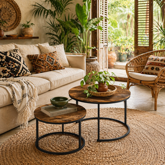 Kefa Dimi Set Of 2 Wooden Rustic Brown Wood Effect Nesting Tables