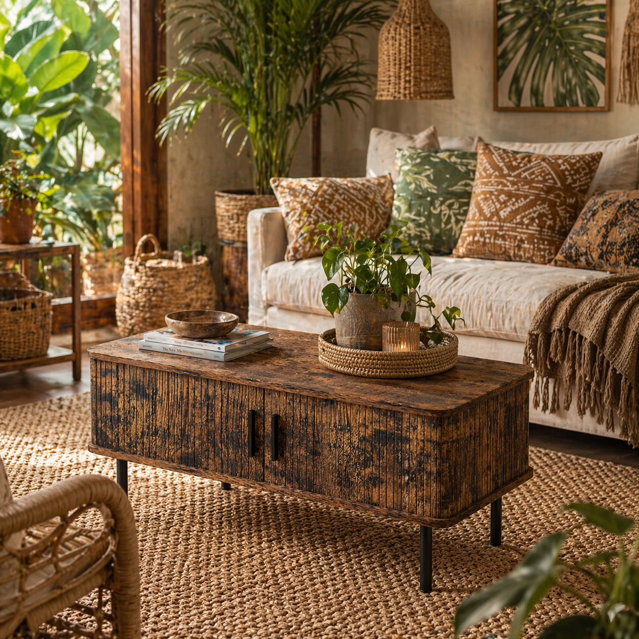 Ninoma Wooden Rustic Brown Rectangular Coffee Table With Tambour Doors