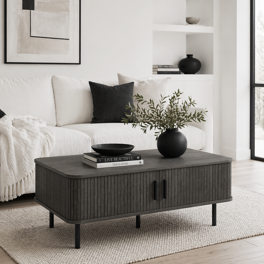 Yocoma Wooden Grey Wood Effect Rectangular Coffee Table With Tambour Doors