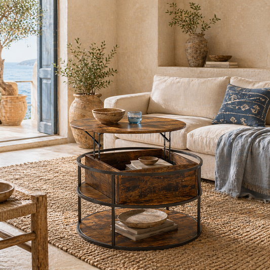 Renata Metal And Wooden Brown Round Lift Top Coffee Table With Hidden Storage