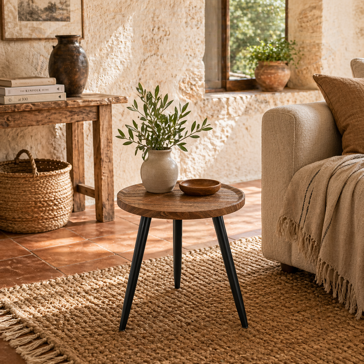 Balare Metal And Wood Chestnut Finish Round Coffee Table With Steel Frame