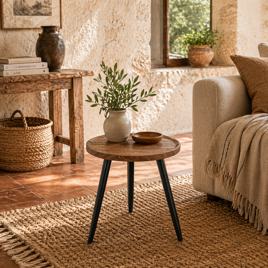 Balare Metal And Wood Chestnut Finish Round Coffee Table With Steel Frame