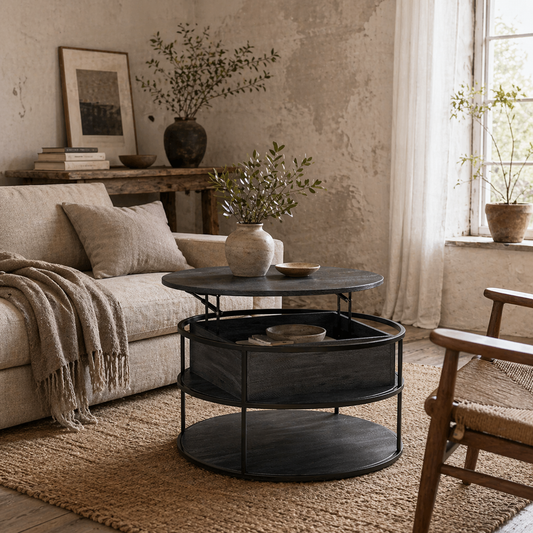 Diha Metal And Wooden Dark Grey Round Lift Top Coffee Table With Hidden Storage