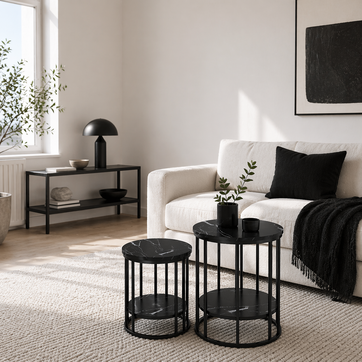 Dilisu Set Of 2 Wooden Black Marble Effect Coffee Tables