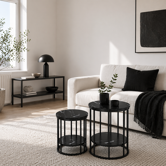Dilisu Set Of 2 Wooden Black Marble Effect Coffee Tables