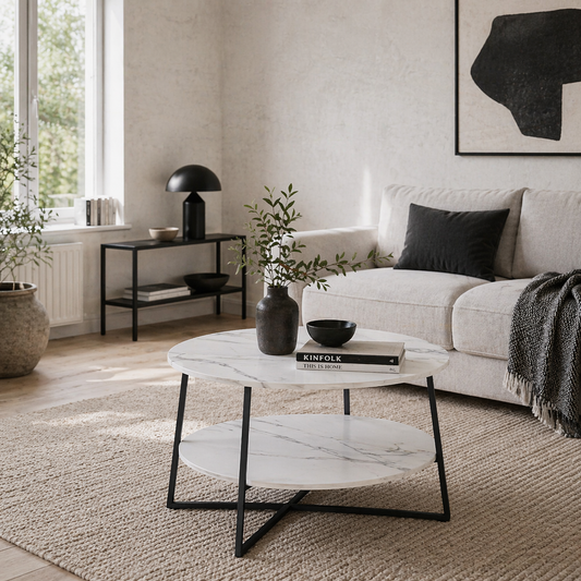 Masoso Wooden White And Black 2 Tier Marble Effect Coffee Table