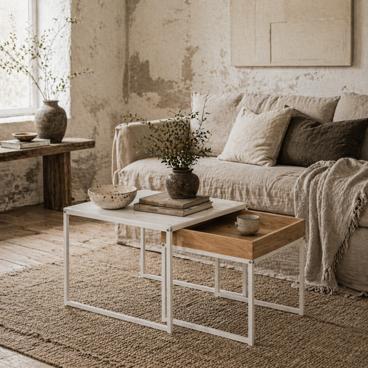 Sarela Set Of 2 Boxy Nesting Tables Wooden White And Wood Effect
