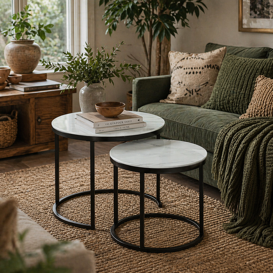Sosuri Set Of 2 Round Nesting Tables Metal And Glass White With Marble Effect Tops