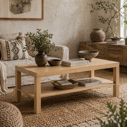Wooden 90cm Natural Finish Rectangular Coffee Table with Bottom Shelf