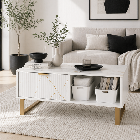 Lima Wooden White Marble Effect and Gold Coffee Table With 2 Storage Drawers