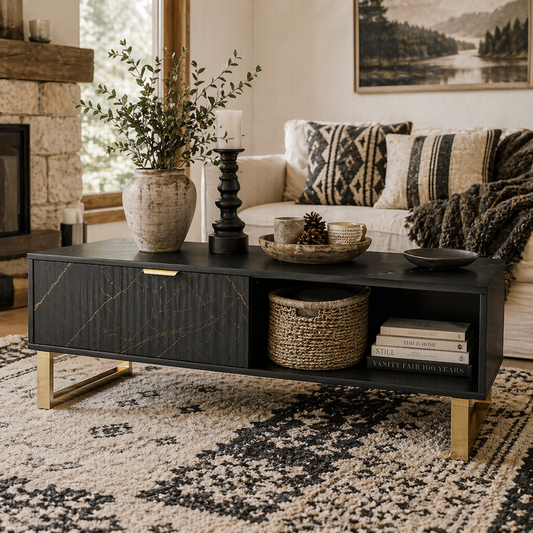 Neva Wooden Black Marble Effect Coffee Table With Integrated Storage