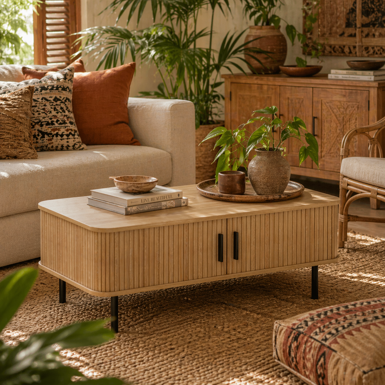 Lafi Wooden Oak Rectangular Coffee Table With Sliding Tambour Doors