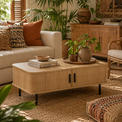 Lafi Wooden Oak Rectangular Coffee Table With Sliding Tambour Doors