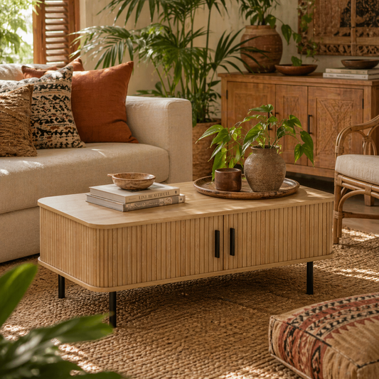Lafi Wooden Oak Rectangular Coffee Table With Sliding Tambour Doors
