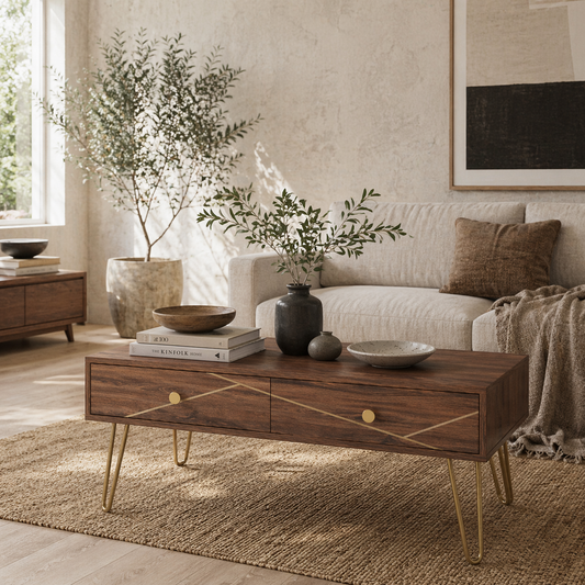 Susele Metal And Wooden Brown Rectangular Coffee Table With Drawers Gold Detail