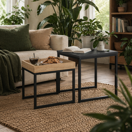 Lavi Set Of 2 Boxy Nesting Tables Wooden Black And Wood Effect