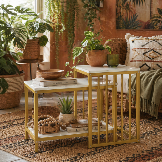 Rolana Set Of 2 Nesting Coffee Tables Metal And Marble Effect and Gold Frame