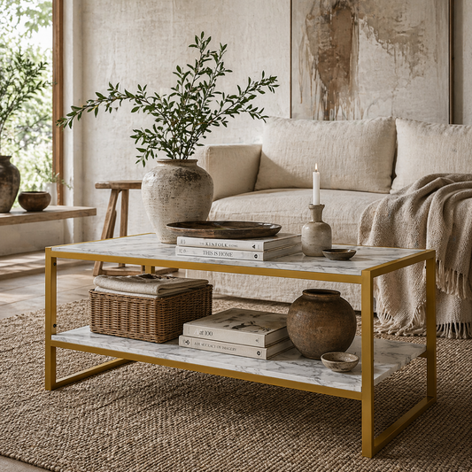 Vile Metal And Wooden White Marble Effect 2 Tier Coffee Table With Bottom Shelf
