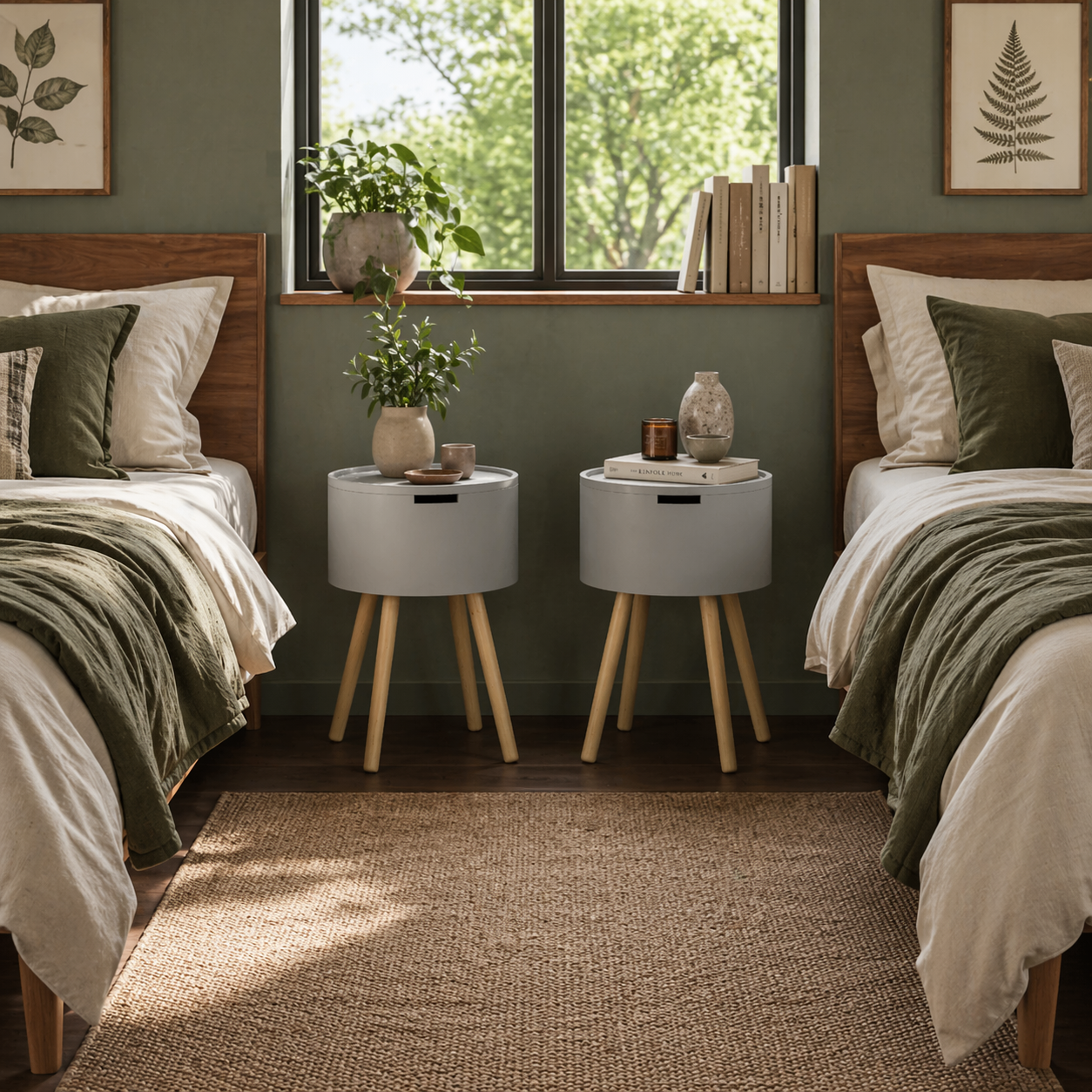 Lipa Wood Grey Set Of 2 Round BEdside Tables With Storage