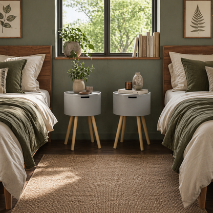 Lipa Wood Grey Set Of 2 Round BEdside Tables With Storage