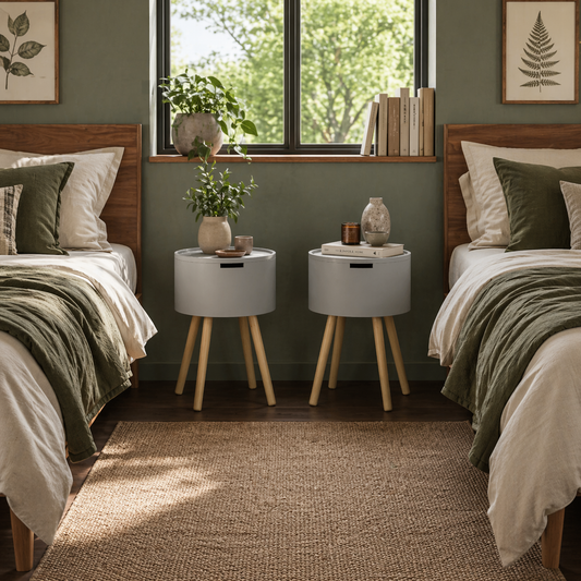 Lipa Wood Grey Set Of 2 Round BEdside Tables With Storage