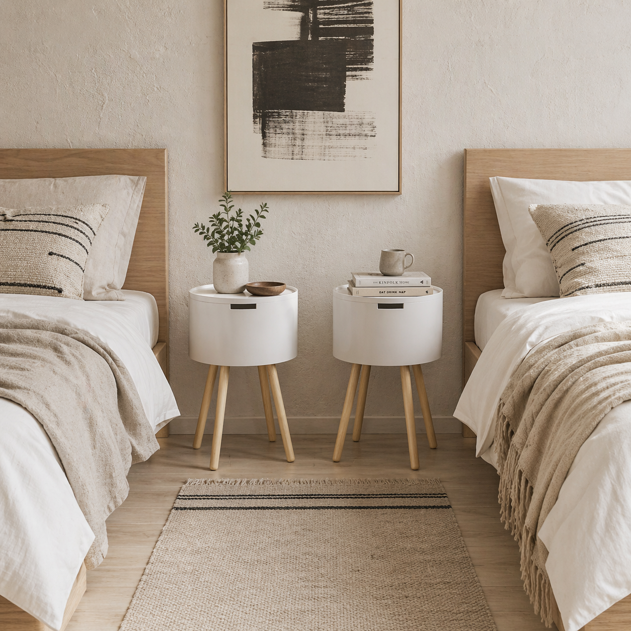 Seka Wood White Set Of 2 Round Bedside Tables With Storage