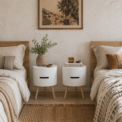 Lalo Set Of 2 Wooden White Round 3 Tier Bedside Tables With Hidden Storage and Tray Tops